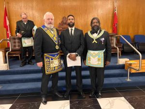 Welcome to Brother Adam Lindo. Pictured here with sponsors R.W. Bro. Rob Fleming (left) and W. Bro. Larry Paguandas (right)
