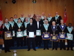 November - Past Masters Night. Front l to r: R.W. Bro. R. Fleming, W. Bro. R. Luoma, W. Bro. C. Stephenson, W. Bro. G. Newson, Bro. Chris Marlok, W. Bro. A. Stonier (Acting W.M.), V.W. Bro. R. Storie, V.W. Bro. J. Gilpin, V.W. Bro. F. Bright, W. Bro. D. Horace. Back l to r: W. Bro. P. Liukko, R.W. Bro. D. Innes, W. Bro. G. Boyce, W. Bro. B. Howe, W. Bro. K. Alexander, W. Bro. G. Nichols, W. Bro. M. Dowling, R.W. Bro. R. South, W. Bro. C. Kemp.