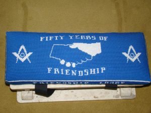 50th Anniversary Kneeling Cushion. Designed by Bro. Stephen Fleming, Created by W. Bro. Milton Fleming, Financed by R.W. Bro Robert Fleming.