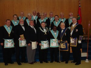 Past Masters Night, October 15th 2008. Front row: W. Bro. Reijo Luoma, W. Bro. Chris Kemp (Acting Master), Bro. Don Ross (Candidate), W. Bro. Clive Stephenson WM, W. Bro. Dumerge Horace, V. W. Bro. John Gilpin, R. W. Bro. Robert Fleming DDGM. Middle row: W. Bro. Robert Fontaine, V. W. Bro. Bob Storie, W. Bro. Al Stonier, W. Bro. Paavo Liukko. Back row: W. Bro. Milt Fleming, R. W. Bro. J. David Innes, W. Bro. Grant Boyce, W. Bro. B. Howe, W. Bro. K. Alexander, W. Bro. G. Nichols, W. Bro. M. Dowling, R.W. Bro. R. South, W. Bro. C. Kemp.
