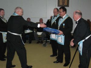 During the Annual Reciprocal Visit, Friendship Lodge was presented with a 50th Anniversary Kneeling Cushion from the Brethren of Nickel Lodge.