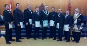 Nickel Lodge celebrated the arrival of Mr. Steven Stobo into Masonry on April 3rd. One Fellowcraft and five Entered Apprentices were present. L to r: Bro. Shane Tweedy (FC); Bros. Steven Stobo, Glen Mersereau, Angus Morris (EAs); W. Bro. Steven Fleming; Bros. Justin Proulx, Michael Edger and Phil Ruff (EAs); R.W. Bro. Keith I. Jordan, D.D.G.M.