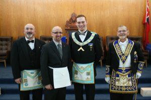 Our February Meeting - Step-Up Night. Brother Tom King led a team of Nickel Lodge members in the initiation of Mr. Michael Edgar. Bro. Tom King, Bro. Michael Edgar, W.Bro. Stephen Fleming, and R.W. Bro. Keith I. Jordan.