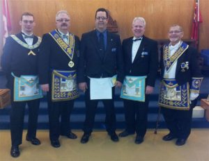 April Meeting. Mr. Steven Stobo was Initiated into Nickel Lodge on April 3rd. L to r: W. Bro. Steven Fleming; sponsor R.W. Bro. Robert J. Fleming; Bro. Steven Stobo; W. Bro. Greg Newson, sponsor; R.W. Bro. Keith I. Jordan, D.D.G.M.