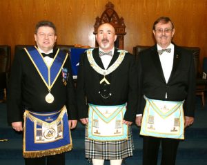 Our May Meeting - Installation. The newly Installed Worshipful Master, W. Bro. Thomas E. King is joined by his Sponsors - Installing Master V.W. Bro. Clive F. Stephenson and W. Bro. David Kennedy.