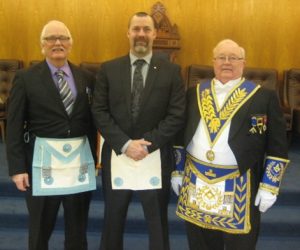 L to r: Bro. Denis Bracken, Father of Candidate; Bro. Trevor Bracken; R.W. Bro. Clair Bracken, D.D.G.M. and Uncle of newest Fellowcraft in The Bracken Family.