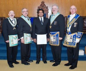 Our December 17th Emergent Meeting - Initiation of Mr. Larry Paguandas. L to r: WM W. Bro. Thomas E. King; Sponsor Bro. Michael Lalonde; Bro. Larry Paguandas; Sponsor R.W. Bro. Robert J. Fleming; DDGM R.W. Bro. David A. Hodgins, CD, FCF.