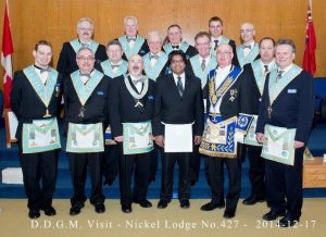 The Worshipful Master and the Officers who Initiated Bro. Larry Paguandas. Front row: SW W. Bro. Stephen Fleming; Treasurer Bro. Michael Lalonde; WM W. Bro. Thomas E. King; Bro. Larry Paguandas; DDGM R.W. Bro. David A. Hodgins; IG Bro. Thomas F. Morris. Second row: IPM V.W. Bro. Clive D. Stephenson; DC R.W. Bro. J.David Innes; SD Bro. John Mason; SS Bro. Glenn Mersereau. Third row: Secretary R.W. Bro. Robert J. Fleming; JW W. Bro. Gregory L. Newson; Chaplain W. Bro. Pavvo E. Liukko; Bro. Angus Morris; JD Bro. John M. Reynolds.