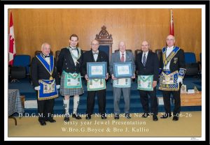 June 26th Emergent Meeting - Sixty Year Members Presentations. L to r: V.W. Bro. Raymond Barlow, Grand Steward; W. Bro. Stephen Fleming, WM; W. Bro. Grant Boyce, Recipient; Bro. Jack Kallio, Recipient; Bro. Jack Kallio (son); R.W. Bro. David A. Hodgins, DDGM.