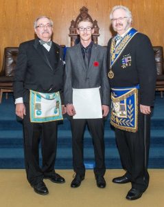Bro. Johnathon Levesque with his sponsors Bro. Michael Lalonde and R.W. Bro. Robert J. Fleming.