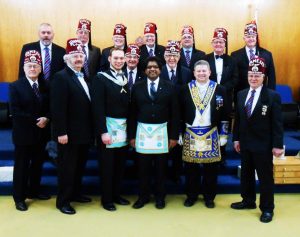 Nobles of the Sudbury Shrine Club joined the Worshipful Master and the D.D.G.M, R.W. Bro. Clive D. Stephenson after the Raising of Bro. Larry Paguandas to the Sublime degree of a Master Mason.
