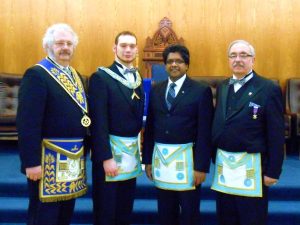 Bro. Larry Paguandas with W.Bro. Stephen Fleming and his sponsors R.W. Bro. Robert J. Fleming and Bro. Michael Lalonde.