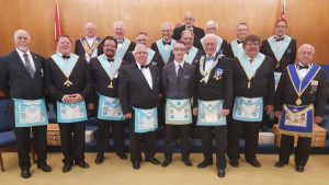 Friendship Lodge makes 57th Reciprocal Visit to Nickel Lodge. At our Regular Meeting on September 7th, Members of Friendship Lodge Raised Bro. Johnathon Levesque. Front row: W. Bro. Ross King, W. Bro. Ryan Lipic, Bro. Daniel Rowe, W. Bro. Kevin Pattison (WM Friendship), Bro. Johnathon Levesque, R.W. Bro. John D. Innes (WM Nickel), Bro. Mark Woodlife, V.W. Bro. Ray Barlow. Second row: R.W. Bro. L. Clair Bracken, W. Bro. Gregory Newson, Bro. Alan Fey, W. Bro. Miszcak, W. Bro. Gary Trotter, V.W. Robert Storie, Bro. John Leonard, W. Bro. John Robbie. Back row: W. Bro. Merd Bolander.