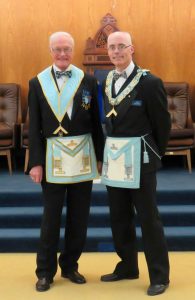 The newly installed W. Bro. John M. Reynolds with his Installing Master - R.W. Bro. J. David Innes.